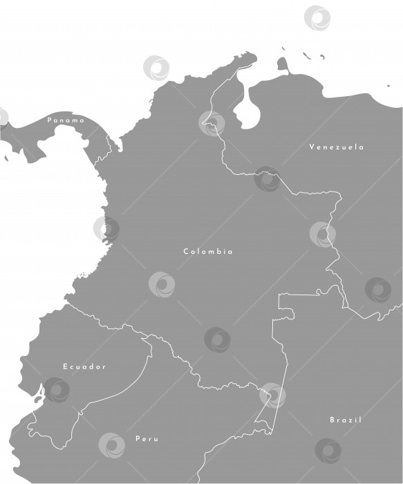 Скачать Векторное изображение. Упрощенная политическая карта Колумбии в центре иллюстрации и границы с соседними странами (Перу, Бразилия, Панама, Эквадор, Венесуэла). Белый фон и очертания. фотосток Ozero