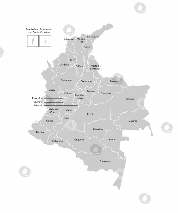 Скачать Векторная изолированная иллюстрация упрощенной административной карты Колумбии. Границы и названия департаментов (регионов). Серые силуэты. Белый контур фотосток Ozero