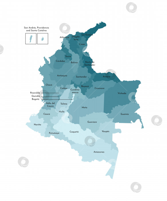 Скачать Векторная изолированная иллюстрация упрощенной административной карты Колумбии. Границы и названия департаментов (регионов). Красочные силуэты синего цвета цвета хаки фотосток Ozero