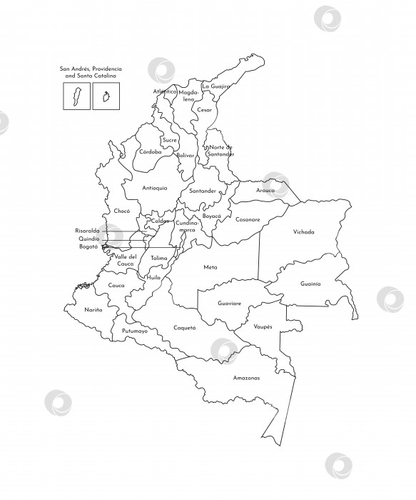 Скачать Векторная изолированная иллюстрация упрощенной административной карты Колумбии. Границы и названия департаментов (регионов). Черные силуэты линий фотосток Ozero
