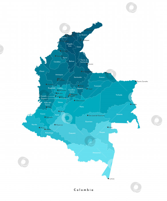 Скачать Векторная современная изолированная иллюстрация. Упрощенная красочная административная карта Колумбии. Белый фон и контуры. Названия крупных городов и департаментов (регионов). фотосток Ozero