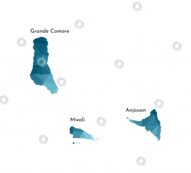 Скачать Векторный значок изолированной иллюстрации с упрощенным синим силуэтом карты Союза Коморских островов. Многоугольный геометрический стиль, треугольные формы. Белый фон фотосток Ozero
