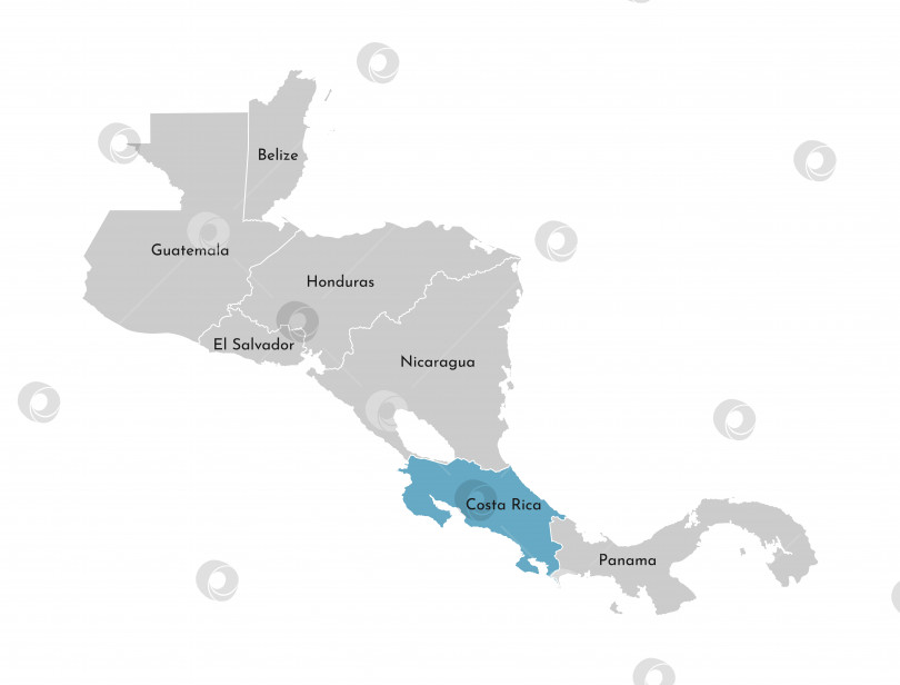 Скачать Векторная иллюстрация с упрощенной картой региона Центральной Америки с синим контуром Коста-Рики. Серые силуэты, белые очертания границы государств фотосток Ozero