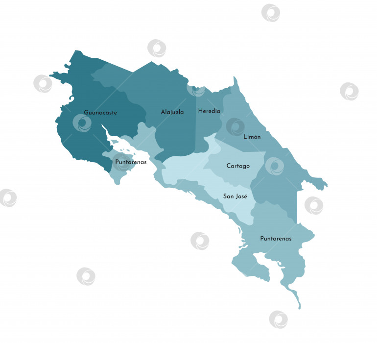 Скачать Векторная изолированная иллюстрация упрощенной административной карты Коста-Рики. Границы и названия провинций (регионов). Красочные силуэты синего цвета цвета хаки фотосток Ozero