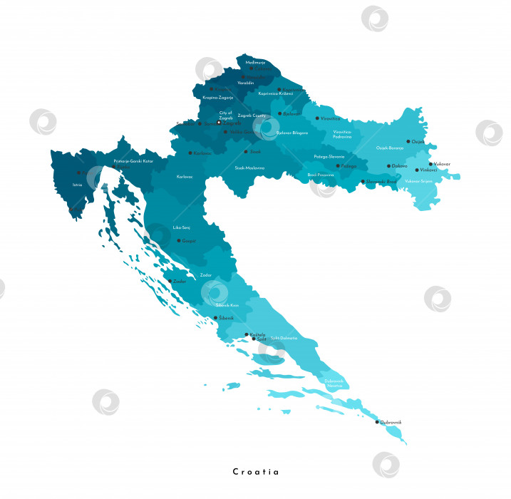 Скачать Векторная современная изолированная иллюстрация. Упрощенная административная карта Хорватии в синих тонах. Белый фон. Названия хорватских городов и уездов (регионов) фотосток Ozero
