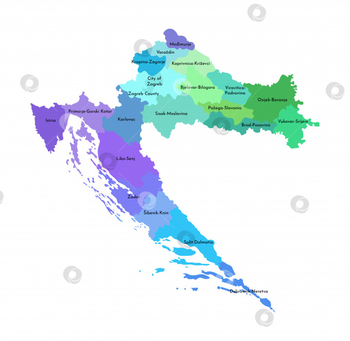 Скачать Векторная изолированная иллюстрация упрощенной административной карты Хорватии. Границы и названия регионов. Разноцветные силуэты фотосток Ozero