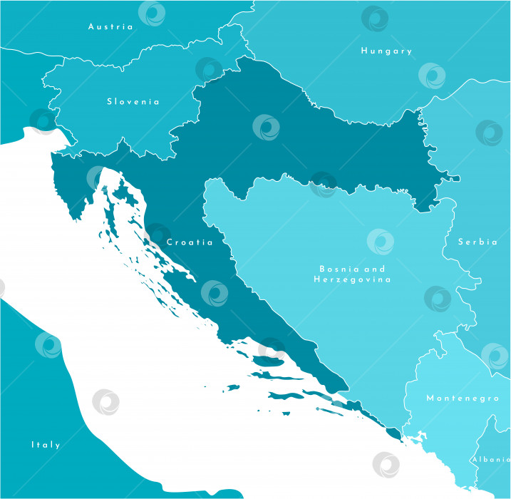 Скачать Векторная современная иллюстрация. Упрощенная европейская карта с центром Хорватии и границами с соседними странами (Словенией, Венгрией, Сербией, Черногорией и другими). Белый фон фотосток Ozero