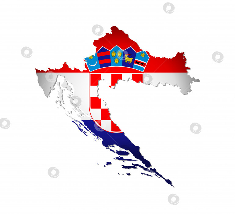 Скачать Векторная изолированная иллюстрация с национальным флагом Хорватии в форме карты Хорватии (упрощенная). Объемная тень на карте. Белый фон фотосток Ozero