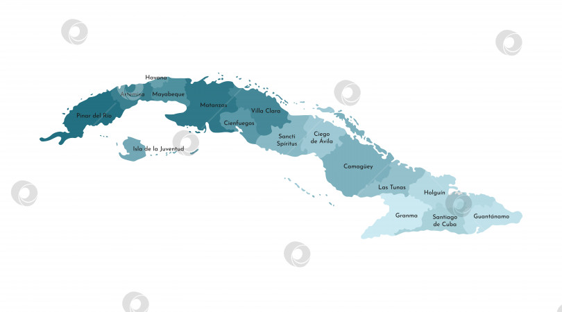 Скачать Векторная изолированная иллюстрация упрощенной административной карты Кубы. Границы и названия провинций (регионов). Красочные силуэты синего цвета цвета хаки фотосток Ozero