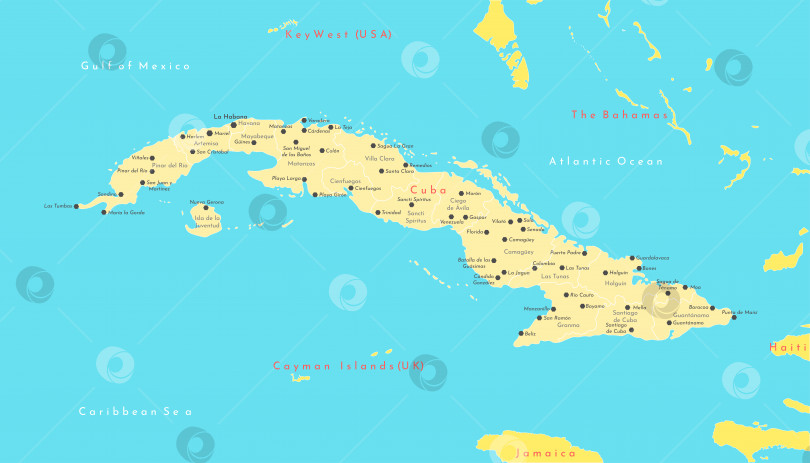 Скачать Векторная иллюстрация. Упрощенная географическая карта Кубы и Багамских островов, Гаити, Ямайки, Каймановых островов. Синий фон Мексиканского залива, Карибского моря, Атлантического океана. Названия городов и провинций фотосток Ozero