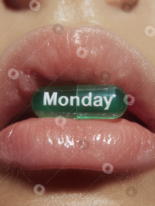 Скачать Крупный план блестящих губ, держащих зеленую капсулу с надписью Monday, демонстрирующую уникальную концепцию ежедневной мотивации и хорошего самочувствия в креативном визуальном воплощении. фотосток Ozero