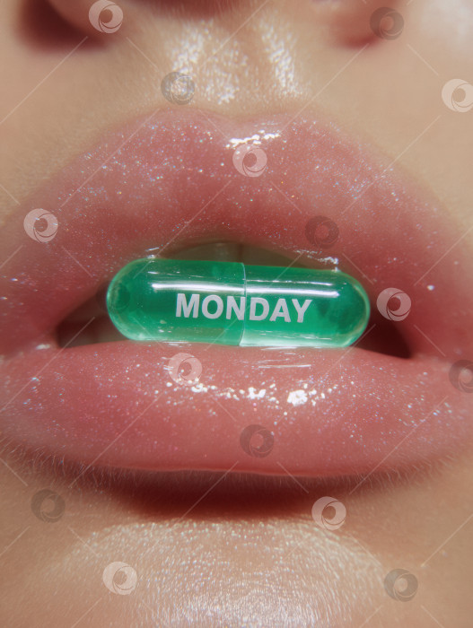 Скачать Крупным планом губы человека, держащего зеленую капсулу с надписью Monday, демонстрирующую уникальную концепцию ежедневной мотивации и хорошего самочувствия с помощью визуального повествования и креативности. фотосток Ozero