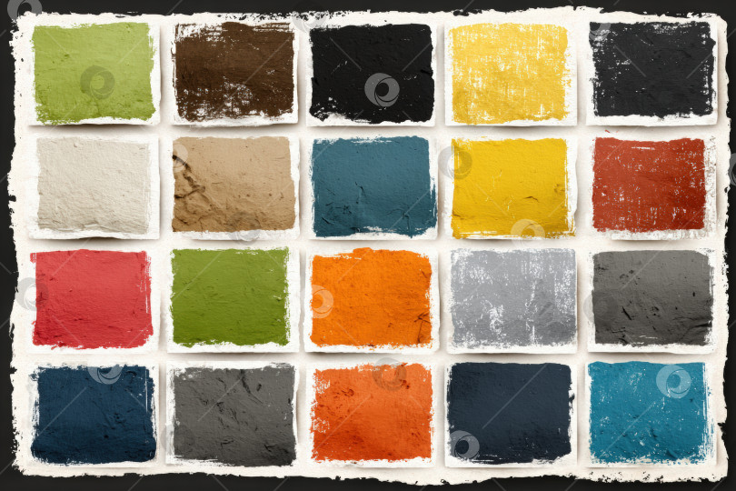 Скачать Красочная палитра образцов текстурированной краски, расположенных в виде сетки, демонстрирует разнообразие ярких оттенков и тональностей для художественного вдохновения и дизайнерских проектов. фотосток Ozero