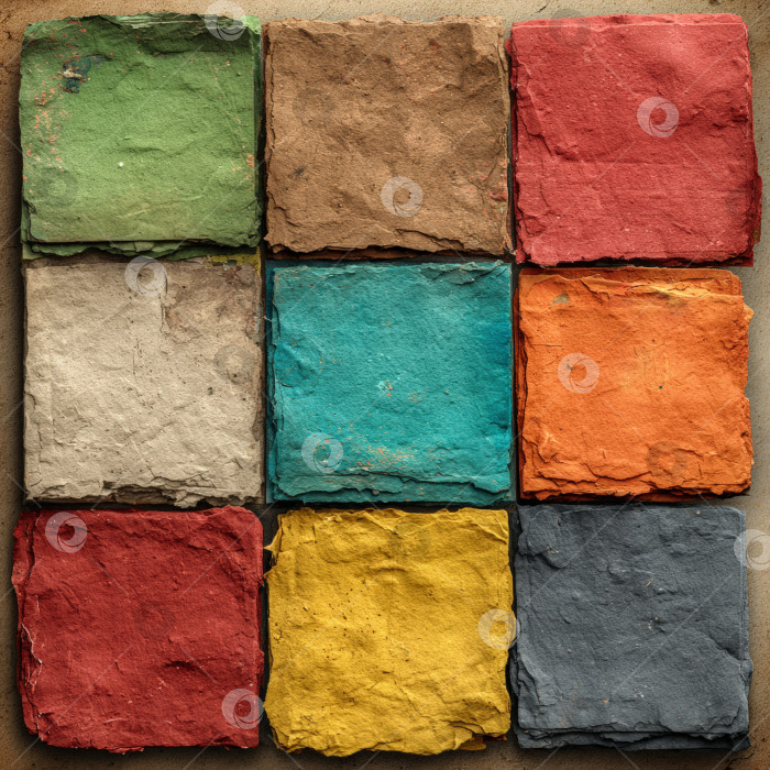 Скачать Разноцветные текстурированные бумажные квадратики, расположенные в виде сетки и демонстрирующие яркие оттенки зеленого, красного, синего, желтого и оранжевого цветов, идеально подходят для креативных дизайнерских проектов и художественных применений. фотосток Ozero