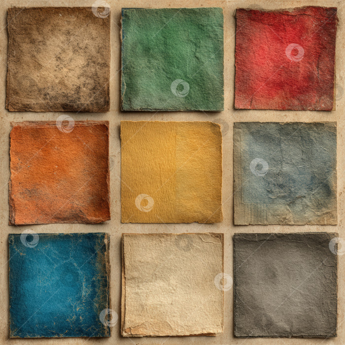 Скачать Текстурированные квадраты различных цветов, расположенные в виде сетки, демонстрируют уникальные поверхности и оттенки, идеально подходящие для создания фона или художественных дизайнерских проектов. фотосток Ozero