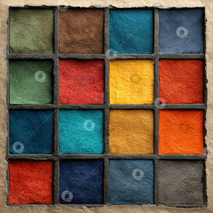 Скачать Красочная квадратная палитра образцов текстурированной бумаги, расположенных в виде сетки и демонстрирующих разнообразие ярких оттенков, идеально подходит для художественных и дизайнерских проектов. фотосток Ozero