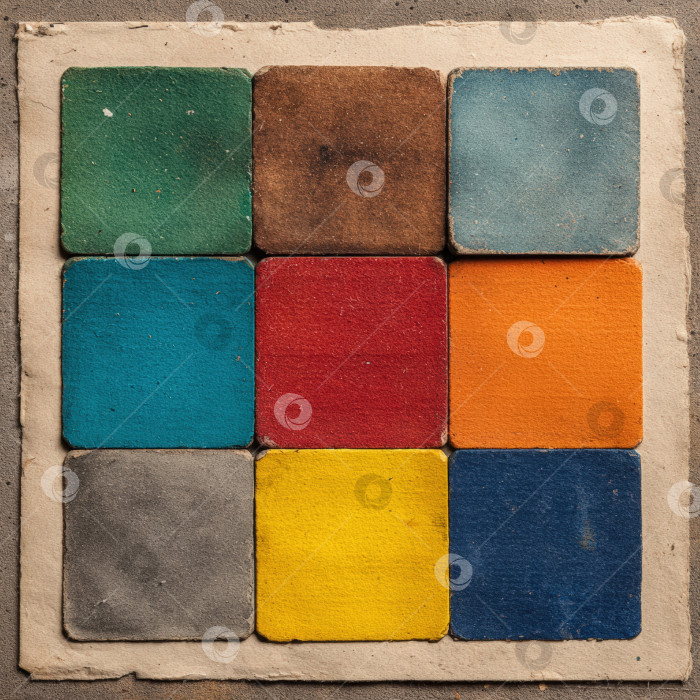 Скачать Красочная квадратная композиция из текстурированной плитки различных оттенков, включая синий, красный, желтый и зеленый, демонстрирующая яркие оттенки и элементы художественного дизайна для творческих проектов. фотосток Ozero