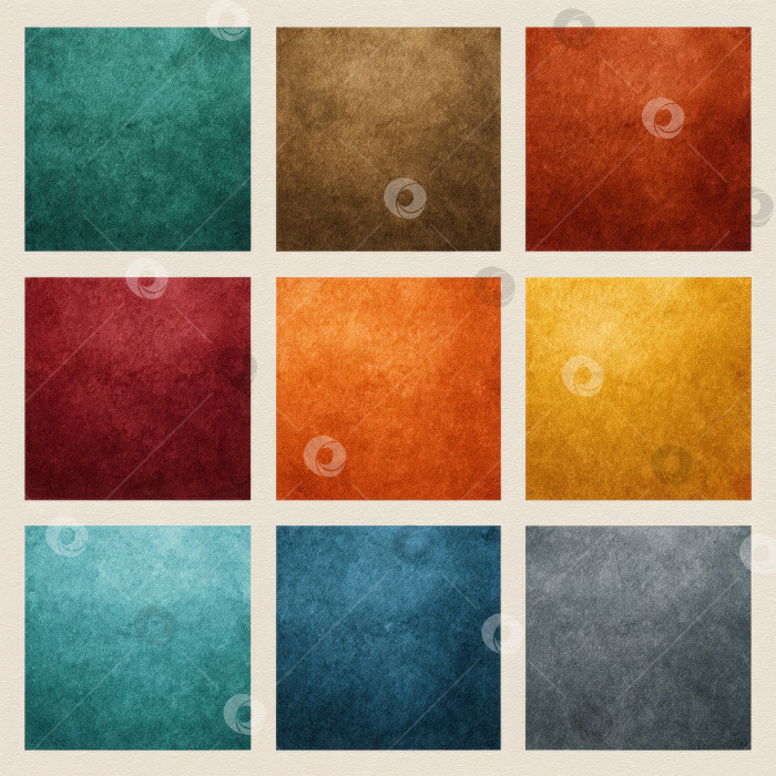 Скачать Разноцветные текстурированные квадраты, расположенные в виде сетки и демонстрирующие различные оттенки, включая бирюзовый, коричневый, красный, оранжевый, желтый и серый, идеально подходят для создания фона или дизайна фотосток Ozero