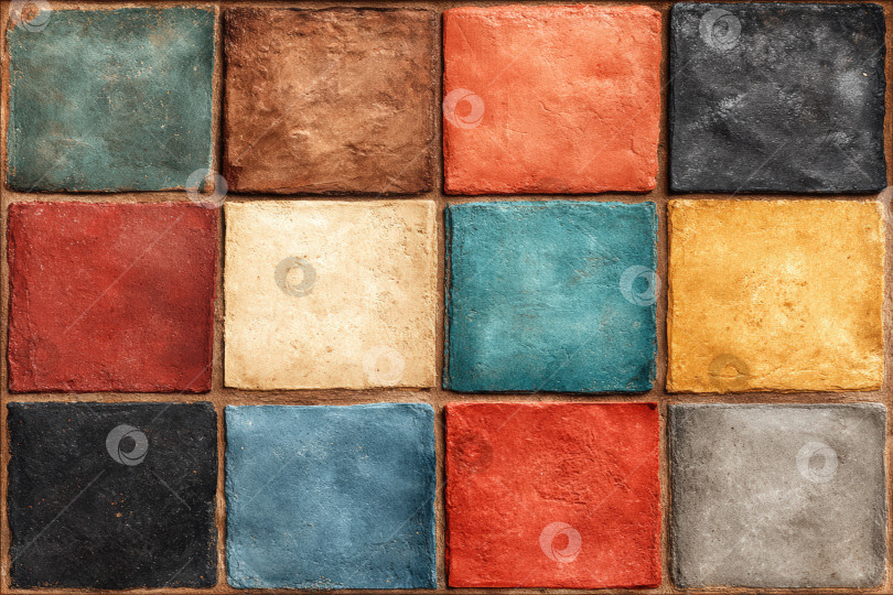 Скачать Красочная текстурированная плитка, расположенная в виде сетки, демонстрирующая разнообразие оттенков и материалов, идеально подходит для вдохновения в дизайне интерьера и творческих проектов. фотосток Ozero