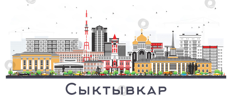 Скачать Сыктывкар. Россия. Панорама с цветными зданиями на белом фоне. Городской пейзаж с достопримечательностями. Туризм и путешествия. Современная архитектура. фотосток Ozero