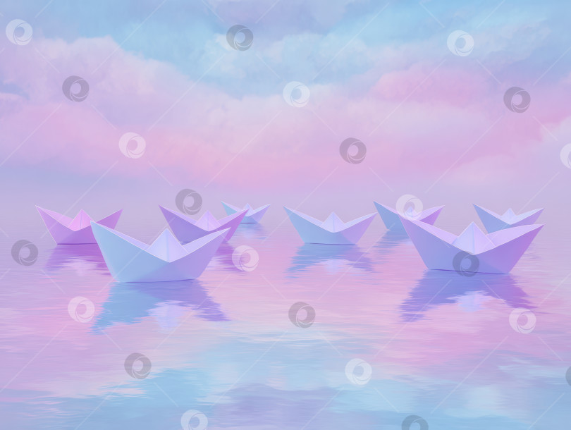 Скачать Сказочные бумажные кораблики, парящие в безмятежном пастельном небе и воде фотосток Ozero