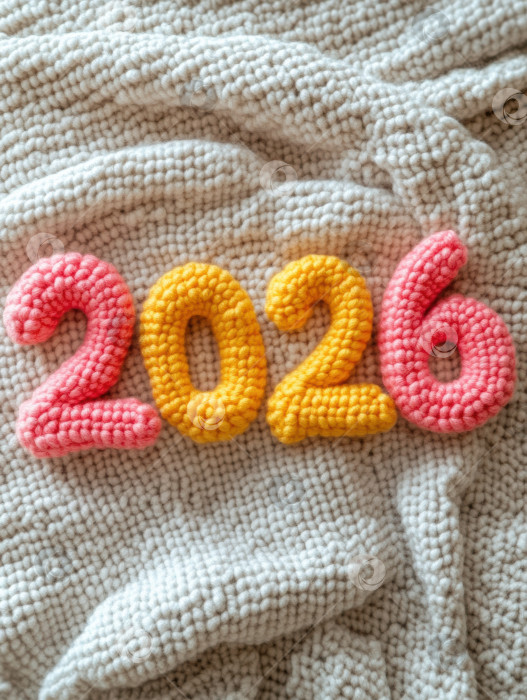 Скачать Креативный показ 2026 года с номерами, выполненными крючком из мягкой пряжи на текстурированной ткани фотосток Ozero