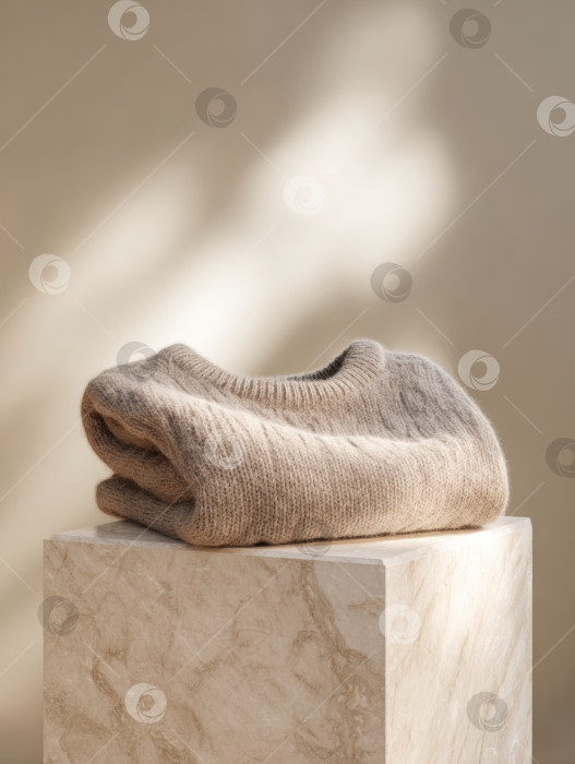 Скачать Уютная элегантность кашемира. Сложенный светло-серый свитер на мраморной витрине для вдохновения в стиле минимализма фотосток Ozero