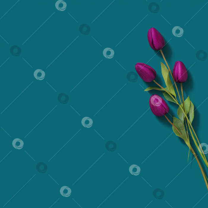 Скачать Яркие фиолетовые тюльпаны с зелеными листьями, элегантно расположенные на бирюзовом фоне, демонстрируют красоту природы и цветочное мастерство в минималистичном дизайне фотосток Ozero
