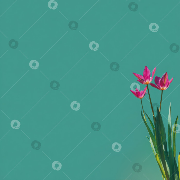 Скачать Яркие розовые тюльпаны возвышаются на мягком бирюзовом фоне, демонстрируя нежные лепестки и зеленые стебли, символизируя красоту и элегантность природы в безмятежной обстановке фотосток Ozero