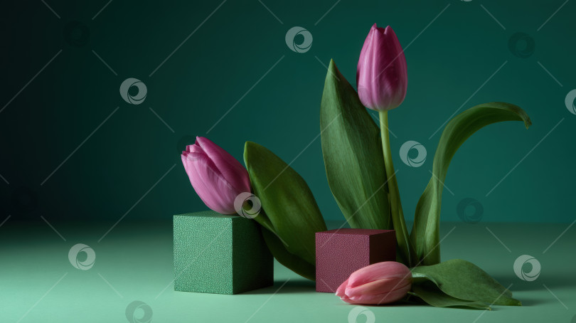 Скачать Розовые тюльпаны в сочетании с зелеными и бордовыми геометрическими блоками на нежно-зеленой поверхности создают яркую и современную цветочную композицию-натюрморт для художественной демонстрации фотосток Ozero