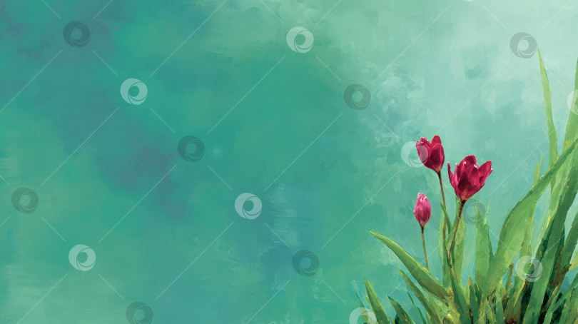 Скачать Яркая акварельная иллюстрация красных тюльпанов с пышными зелеными листьями на нежно-бирюзовом фоне, создающая безмятежную и освежающую атмосферу для дизайнерских целей. фотосток Ozero