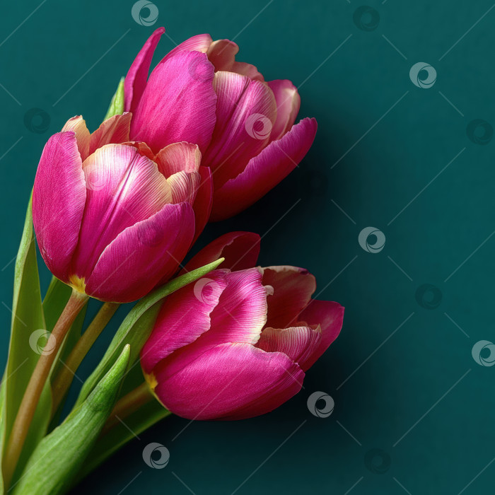 Скачать Яркие розовые тюльпаны с нежными лепестками и пышными зелеными листьями, искусно расположенные на темно-бирюзовом фоне, демонстрируют красоту весенних цветов в потрясающей композиции фотосток Ozero