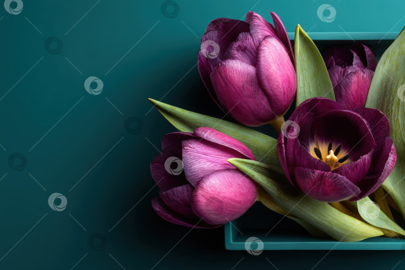 Скачать Яркие фиолетовые тюльпаны, разложенные на подносе бирюзового цвета, с нежными лепестками и пышными зелеными листьями, создают потрясающую цветочную композицию для домашнего декора или дизайнерского вдохновения фотосток Ozero