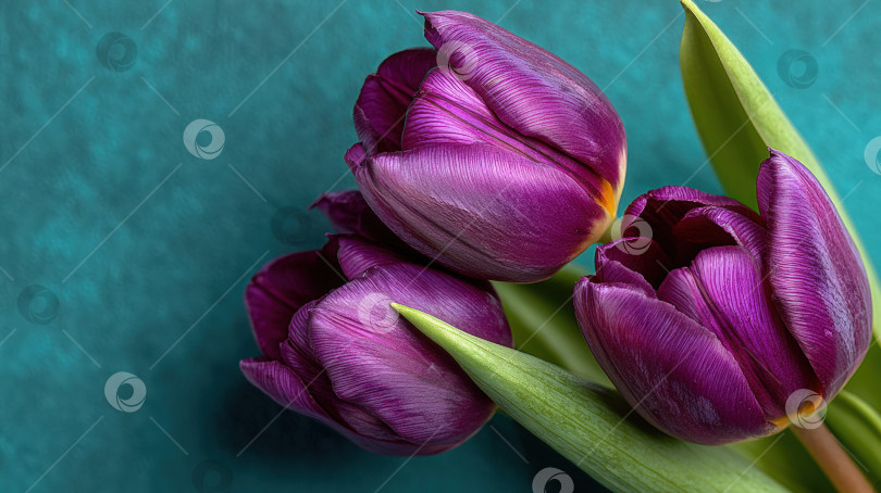 Скачать Яркие фиолетовые тюльпаны с нежными лепестками и пышными зелеными листьями, искусно расположенные на текстурированном бирюзовом фоне, демонстрируют естественную красоту и элегантность цветочного дизайна фотосток Ozero