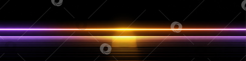 Скачать Абстрактная цифровая иллюстрация с яркими горизонтальными линиями фиолетовых, оранжевых и желтых оттенков на черном фоне, создающая ощущение глубины и движения в современном дизайне фотосток Ozero