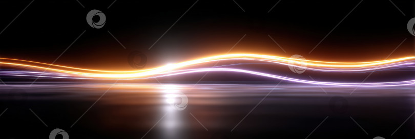 Скачать Абстрактные световые дорожки ярких оранжевых и фиолетовых оттенков создают динамичный волнообразный узор на темном фоне, привнося энергию и движение в визуально поразительную композицию фотосток Ozero