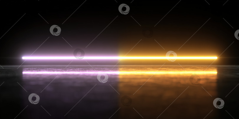 Скачать Неоновые лучи фиолетового и желтого цветов создают яркую атмосферу на отражающей поверхности, повышая визуальную привлекательность современных дизайнерских концепций и художественных выражений фотосток Ozero