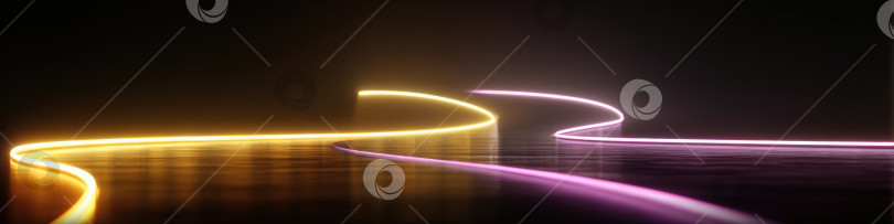 Скачать Абстрактные световые дорожки ярких цветов создают динамичный визуальный эффект на темной отражающей поверхности, демонстрируя движение и энергию в современной художественной композиции фотосток Ozero