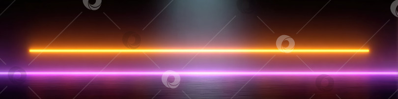 Скачать Абстрактные неоновые лучи ярких оранжевых и фиолетовых оттенков освещают темную отражающую поверхность, создавая драматическую атмосферу для художественных и дизайнерских целей фотосток Ozero