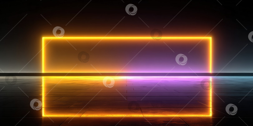 Скачать Неоновая световая рамка, сияющая яркими оранжевыми и фиолетовыми цветами, отражается на гладкой темной поверхности, создавая современную и динамичную визуальную атмосферу для целей дизайна фотосток Ozero