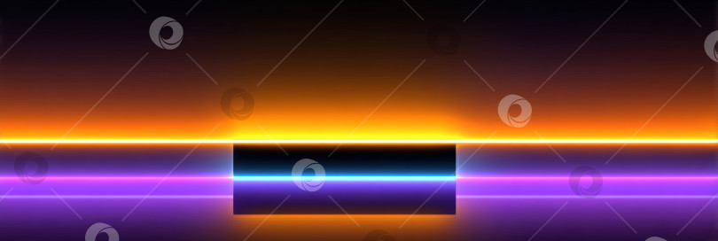 Скачать Яркая абстрактная иллюстрация со светящимися неоновыми линиями оранжевого, фиолетового и синего цветов на темном фоне создает завораживающий визуальный эффект глубины и контраста. фотосток Ozero