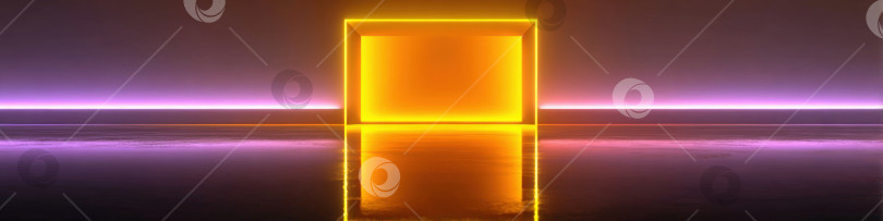 Скачать Абстрактная 3D-иллюстрация, представляющая собой светящуюся прямоугольную рамку ярко-желтого цвета на темном фоне с отражающими поверхностями и яркими неоновыми огнями, создающими футуристическую атмосферу фотосток Ozero