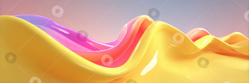 Скачать Яркие абстрактные волны глянцевого материала ярких оттенков желтого, розового и фиолетового создают динамичный визуальный ландшафт, вызывая ощущение текучести и движения в контексте современного дизайна фотосток Ozero