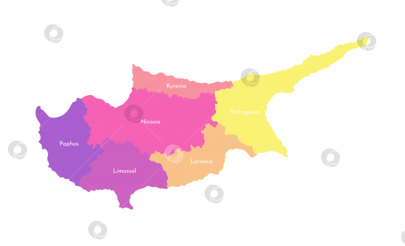 Скачать Векторная изолированная иллюстрация упрощенной административной карты Кипра. Границы и названия районов (областей). Разноцветные силуэты фотосток Ozero