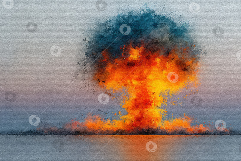 Скачать Ядерный взрыв, изображенный яркой акварелью, демонстрирует массивное грибовидное облако, поднимающееся на фоне градиентного неба, символизирующее мощь и разрушение в драматической сцене фотосток Ozero