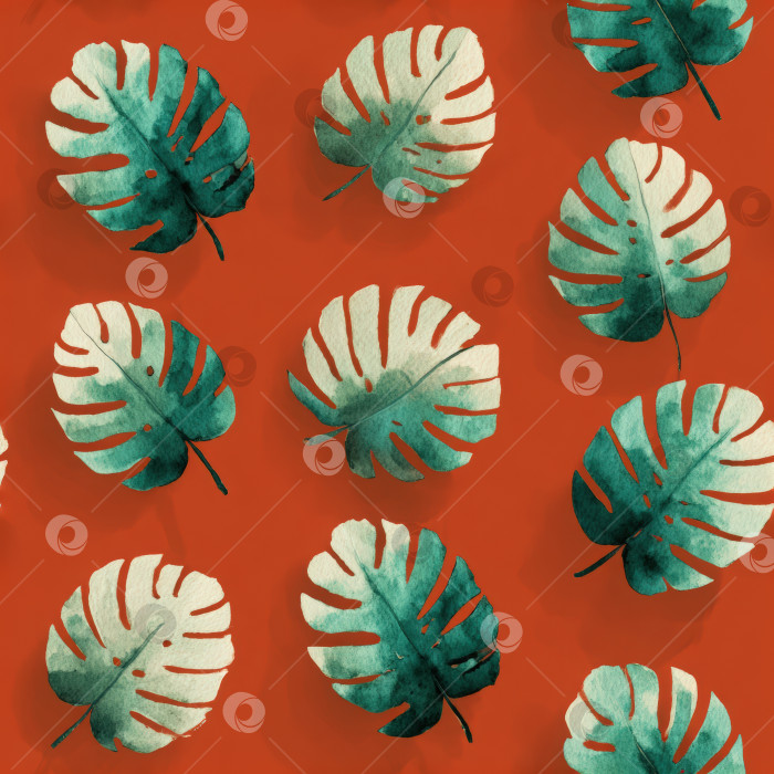 Скачать Бесшовный узор с изображением листьев тропической монстеры ярких зеленых оттенков на теплом терракотовом фоне идеально подходит для ткани, обоев или декоративных дизайнерских проектов. фотосток Ozero