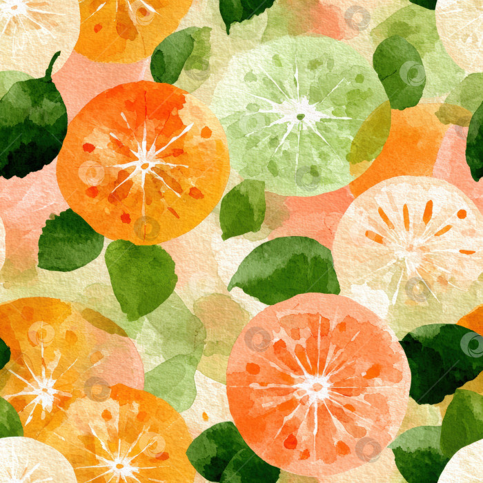 Скачать Яркий бесшовный узор с акварельными цитрусовыми фруктами, включая апельсины, лаймы и листья, создает свежий и живой дизайн, идеально подходящий для различных творческих проектов. фотосток Ozero