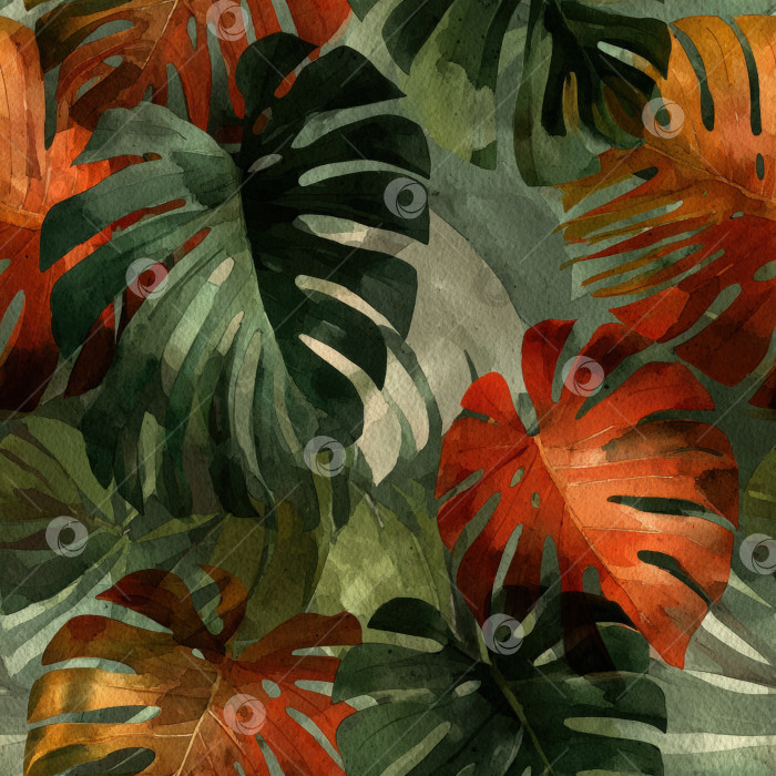 Скачать Бесшовный узор с яркими акварельными листьями монстеры в оттенках зеленого и оранжевого, создающий пышную тропическую атмосферу для дизайнерских проектов и фонов фотосток Ozero