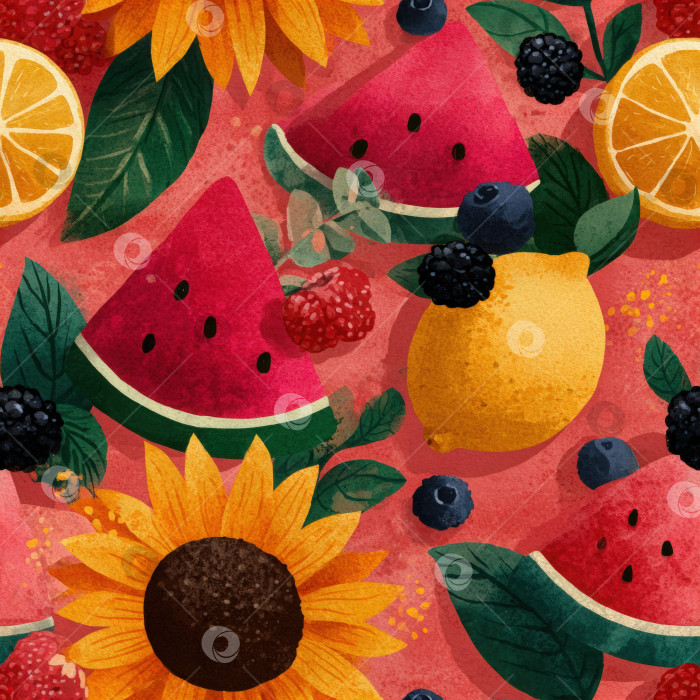 Скачать Яркий бесшовный узор с изображением красочных фруктов, таких как арбуз, лимон и ягоды, дополненный подсолнухами и сочными зелеными листьями, идеально подходит для летнего дизайна и текстиля. фотосток Ozero
