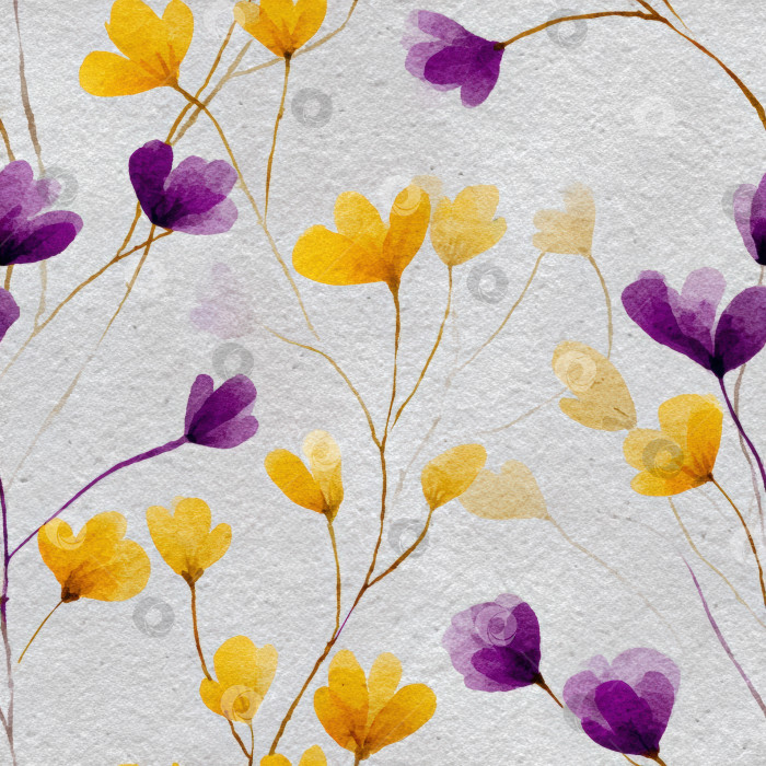 Скачать Бесшовный цветочный узор с нежными фиолетовыми и желтыми цветами на текстурированном фоне идеально подходит для оформления тканей, обоев и канцелярских принадлежностей. фотосток Ozero